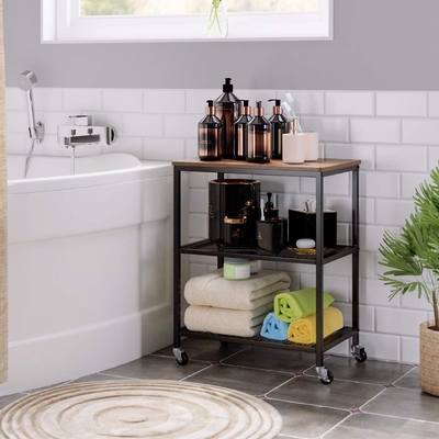 چرخ دستی چرخ دستی مایکروویو کوچک متحرک چوبی و فولادی ضد زنگ برای ذخیره سازی کاربردی