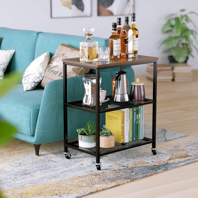 چرخ دستی چرخ دستی مایکروویو کوچک متحرک چوبی و فولادی ضد زنگ برای ذخیره سازی کاربردی