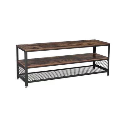 کابینت پایه تلویزیون MDF چوب تیره 3 طبقه استیل 82 اینچ با محل نگهداری قفسه
