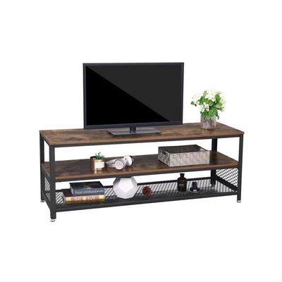 کابینت پایه تلویزیون MDF چوب تیره 3 طبقه استیل 82 اینچ با محل نگهداری قفسه